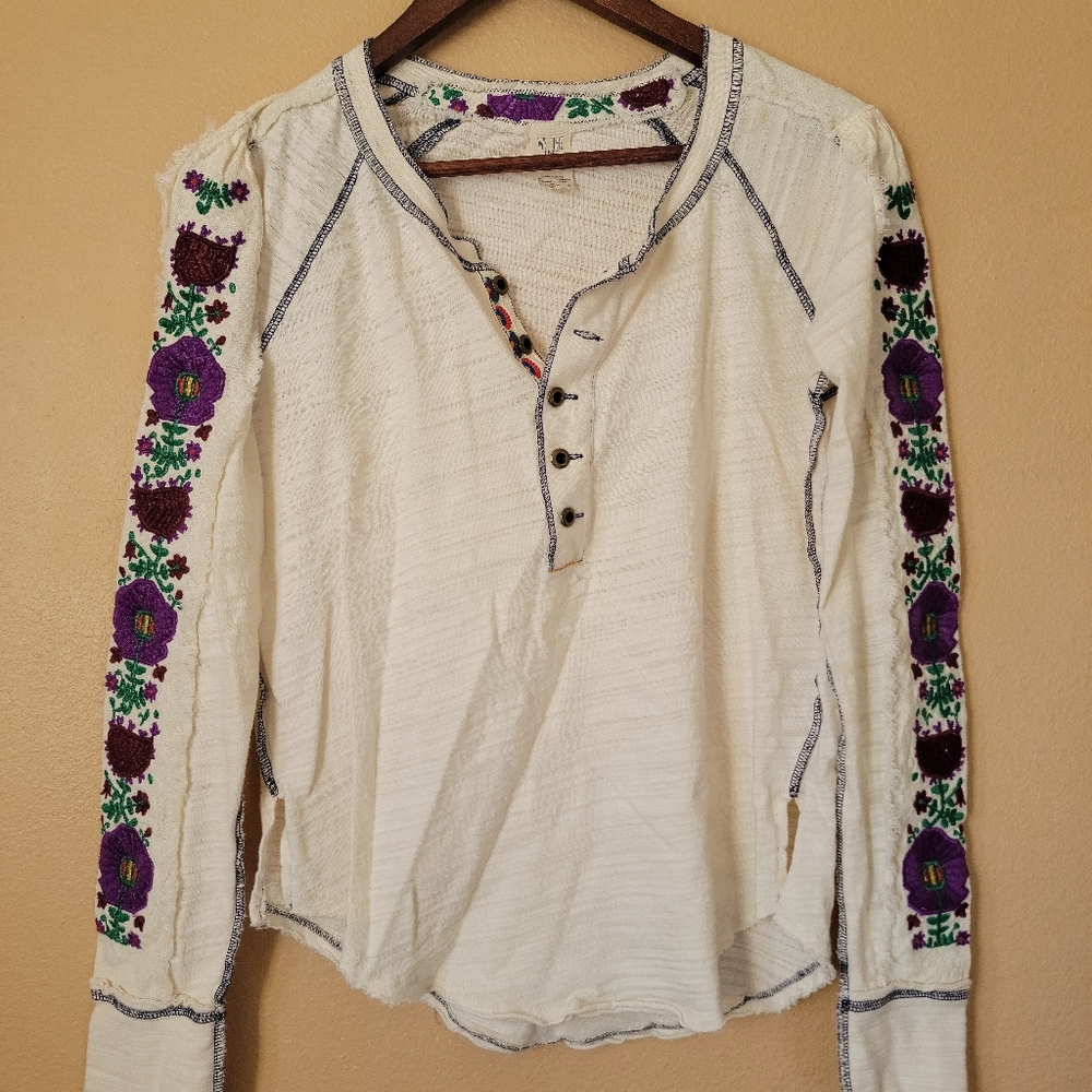 Free People embroidered Petal Sleeve Henley Top